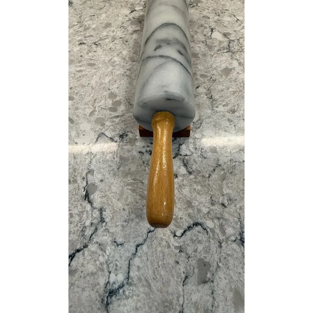 Polished White Marble Rolling Pin featuring Wooden Handles & Stand